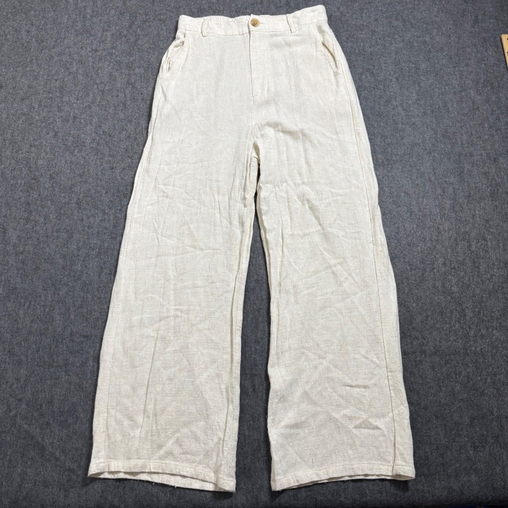 Lulus Oatmeal Beige Linen Blend Wide Leg High Waisted Pants Small